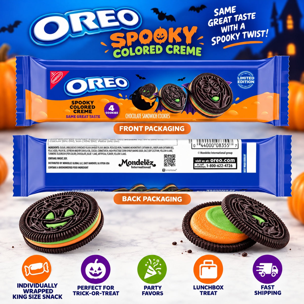 OREO Halloween Green & Orange Creme Sandwich Cookies 4 Per Pack