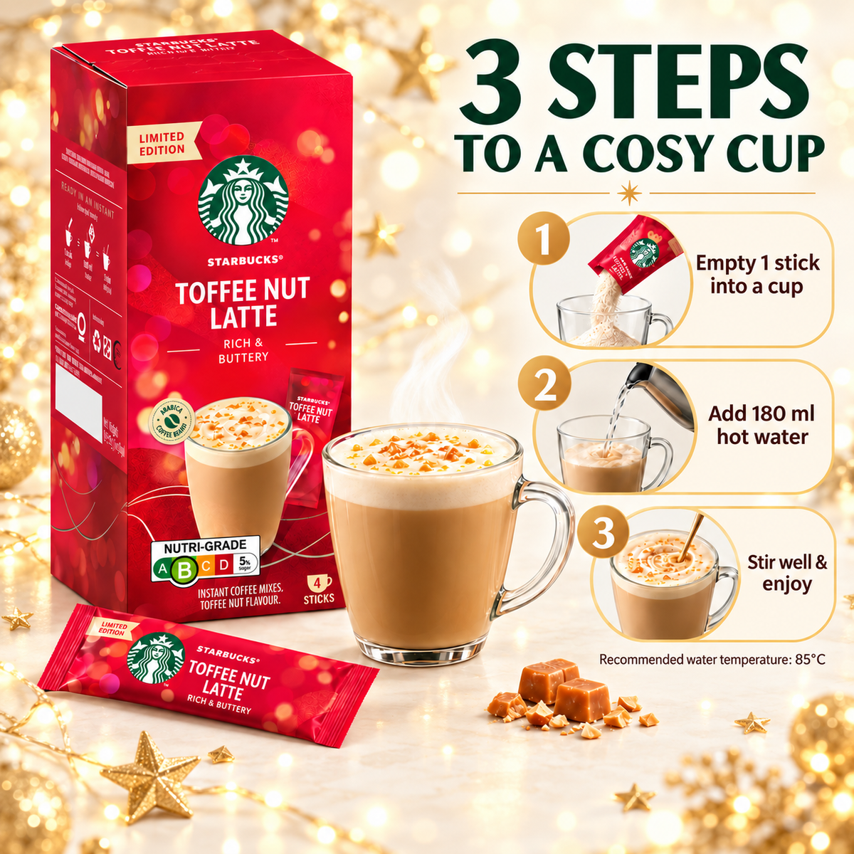 Starbucks Toffee Nut Latte Premium Christmas Instant Coffee Mix 4 Sticks 92g