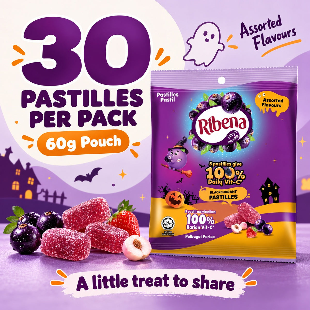 Ribena Halloween Pastilles Assorted Flavours 30pcs 60g Blackcurrent Mixed Berry Gummy Candy Halal