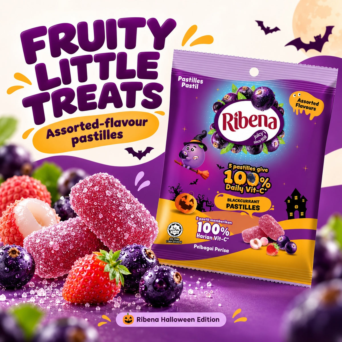 Ribena Halloween Pastilles Assorted Flavours 30pcs 60g Blackcurrent Mixed Berry Gummy Candy Halal