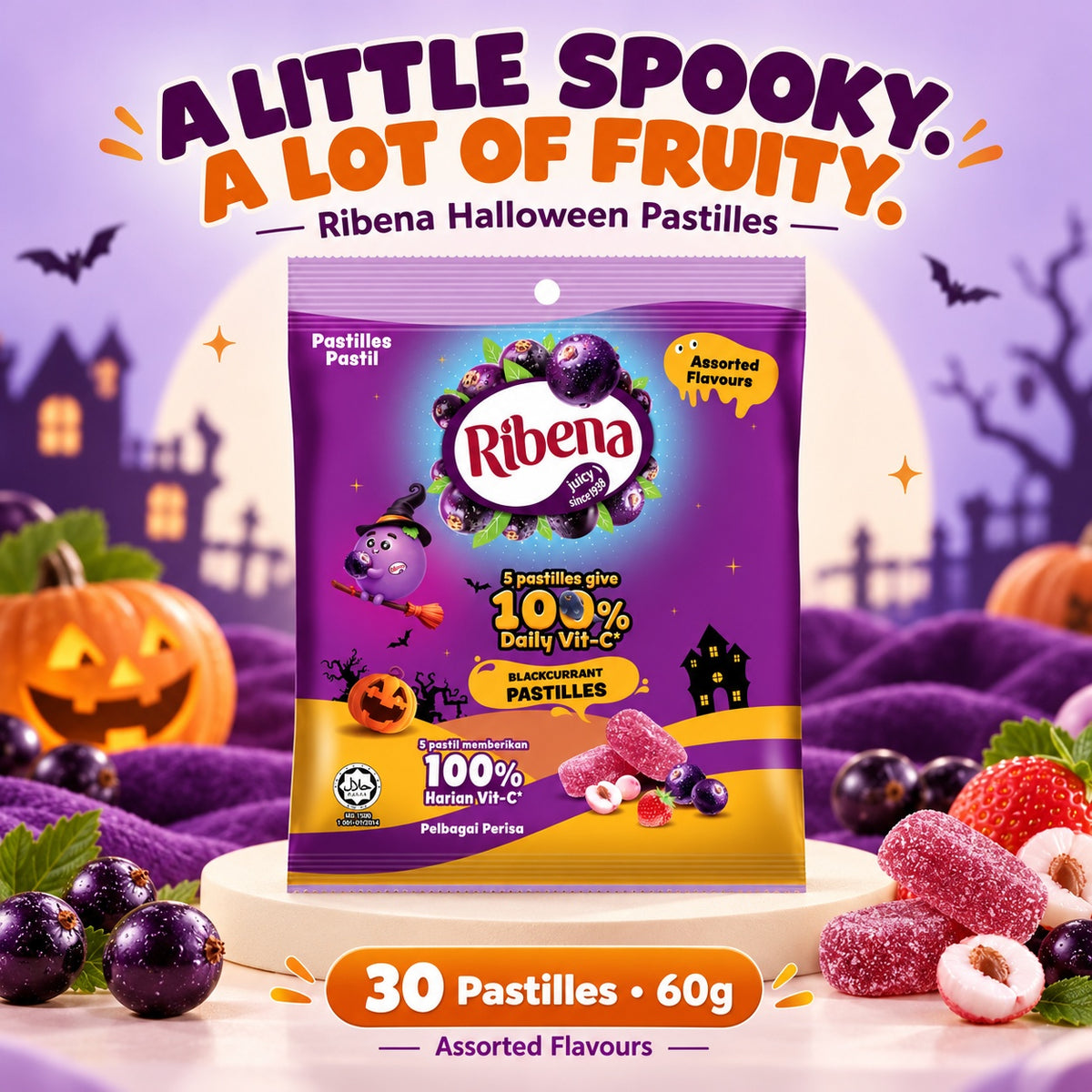 Ribena Halloween Pastilles Assorted Flavours 30pcs 60g Blackcurrent Mixed Berry Gummy Candy Halal