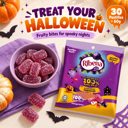 Ribena Halloween Pastilles Assorted Flavours 30pcs 60g Blackcurrent Mixed Berry Gummy Candy Halal