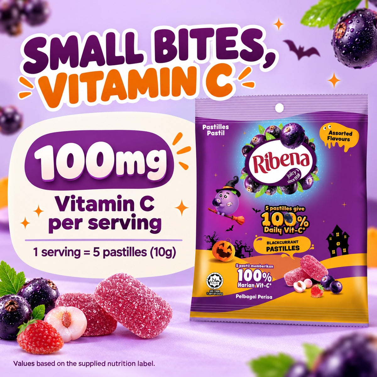Ribena Halloween Pastilles Assorted Flavours 30pcs 60g Blackcurrent Mixed Berry Gummy Candy Halal