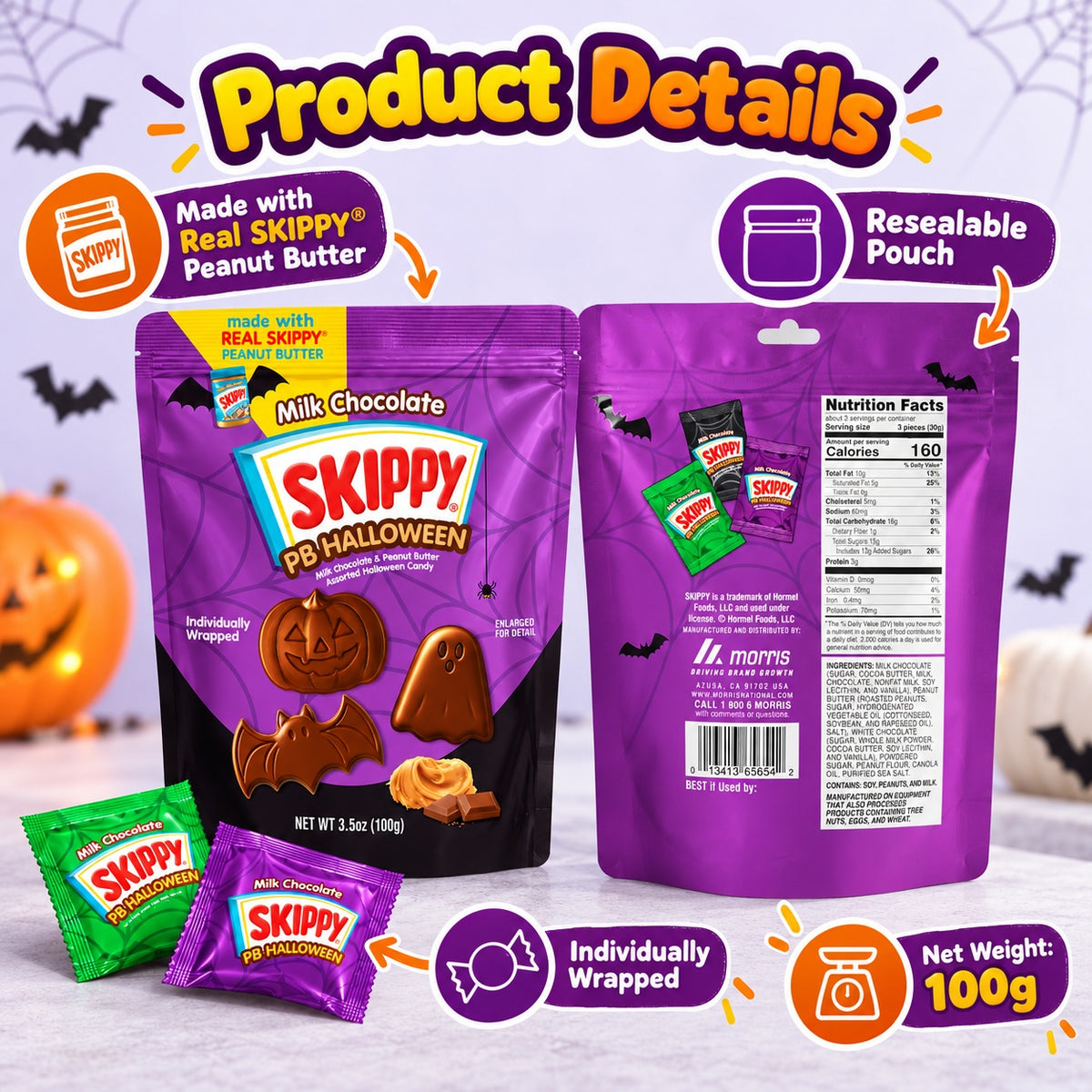 SKIPPY PB Halloween Milk Chocolate Peanut Butter Candy 100g Assorted Halloween Pumpkin Shapes