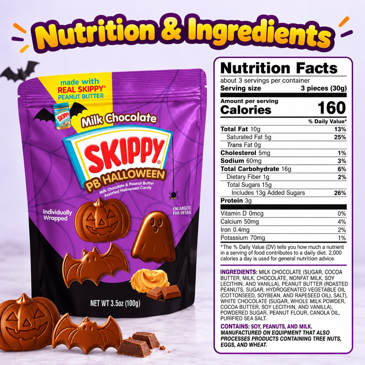 SKIPPY PB Halloween Milk Chocolate Peanut Butter Candy 100g Assorted Halloween Pumpkin Shapes