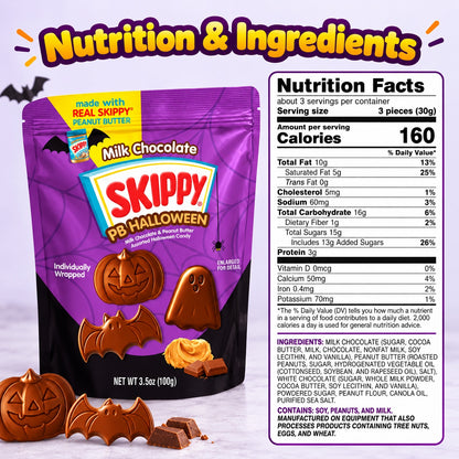 SKIPPY PB Halloween Milk Chocolate Peanut Butter Candy 100g Assorted Halloween Pumpkin Shapes
