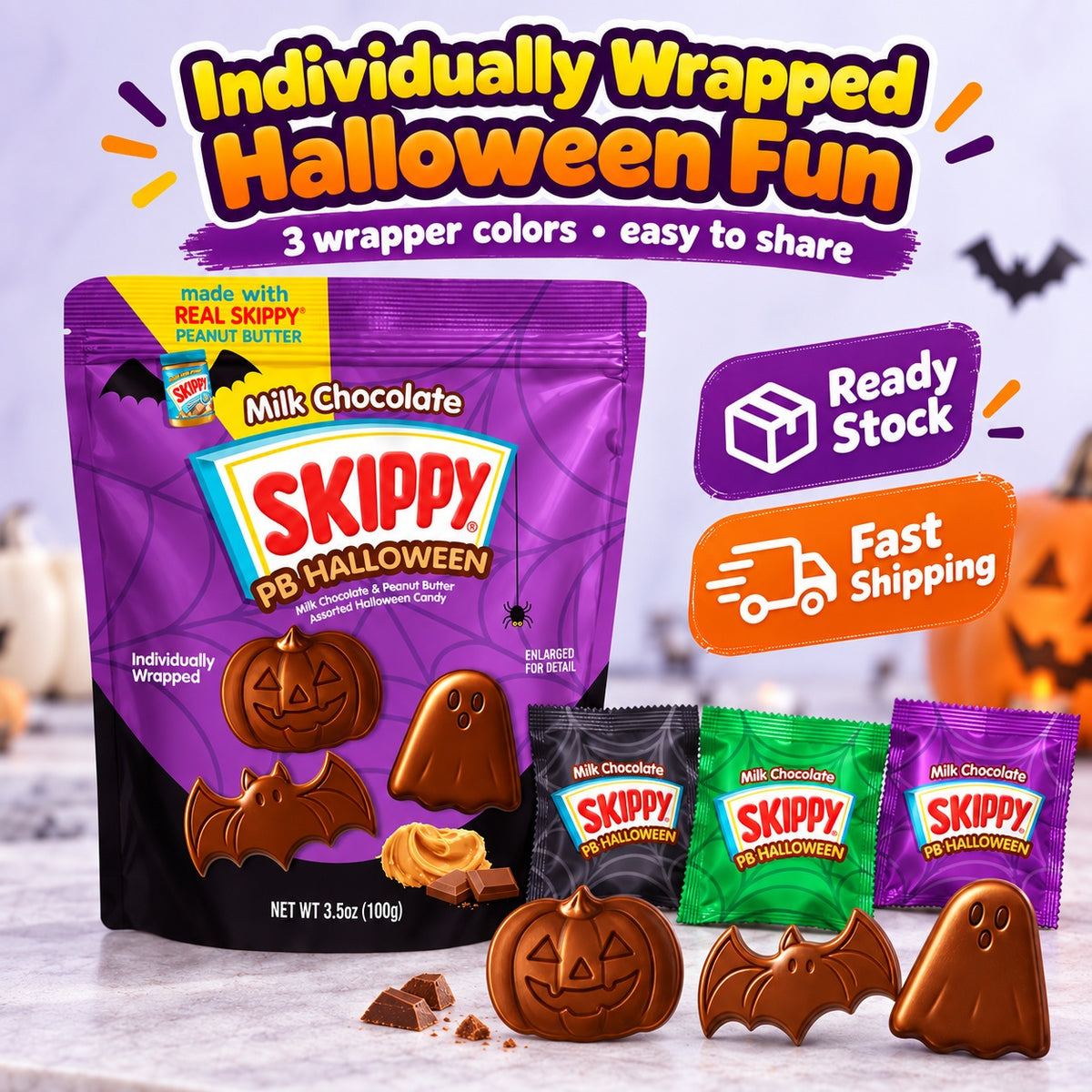 SKIPPY PB Halloween Milk Chocolate Peanut Butter Candy 100g Assorted Halloween Pumpkin Shapes