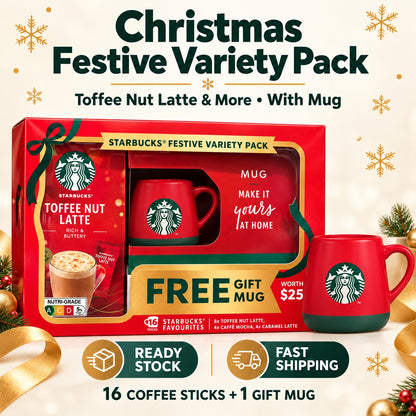 Starbucks Christmas Festive Variety Pack with Mug Toffee Nut Latte Caffè Mocha Caramel Latte 16 Sticks 364g