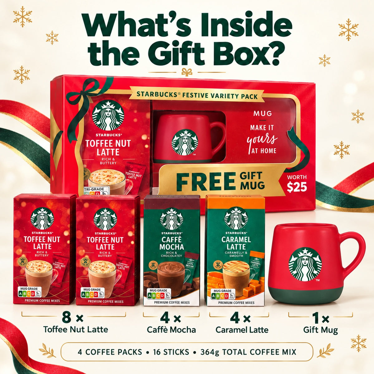 Starbucks Christmas Festive Variety Pack with Mug Toffee Nut Latte Caffè Mocha Caramel Latte 16 Sticks 364g