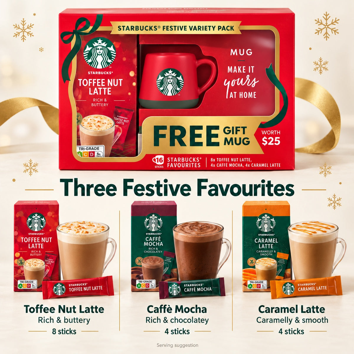 Starbucks Christmas Festive Variety Pack with Mug Toffee Nut Latte Caffè Mocha Caramel Latte 16 Sticks 364g