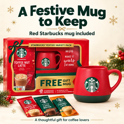 Starbucks Christmas Festive Variety Pack with Mug Toffee Nut Latte Caffè Mocha Caramel Latte 16 Sticks 364g