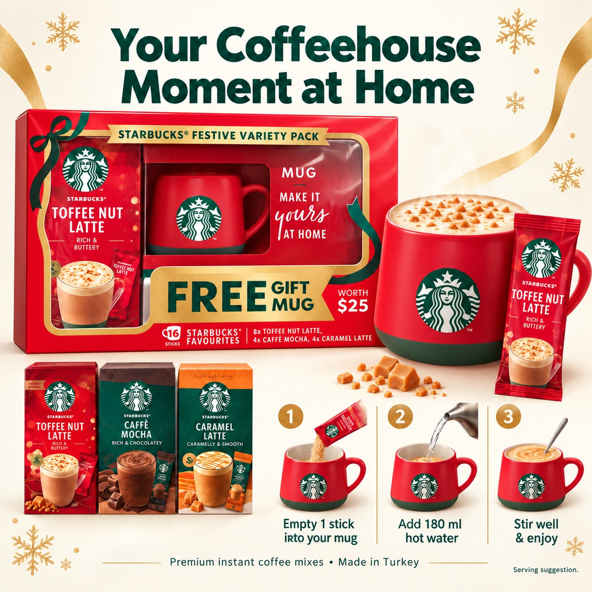 Starbucks Christmas Festive Variety Pack with Mug Toffee Nut Latte Caffè Mocha Caramel Latte 16 Sticks 364g