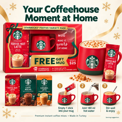 Starbucks Christmas Festive Variety Pack with Mug Toffee Nut Latte Caffè Mocha Caramel Latte 16 Sticks 364g