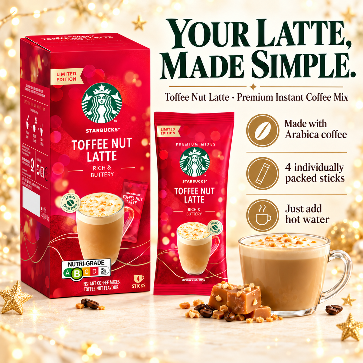 Starbucks Toffee Nut Latte Premium Christmas Instant Coffee Mix 4 Sticks 92g